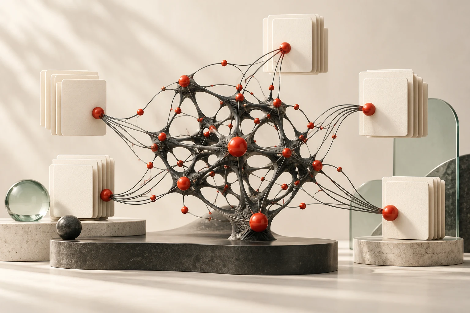 Sculptural neural network connecting document tiles and red nodes