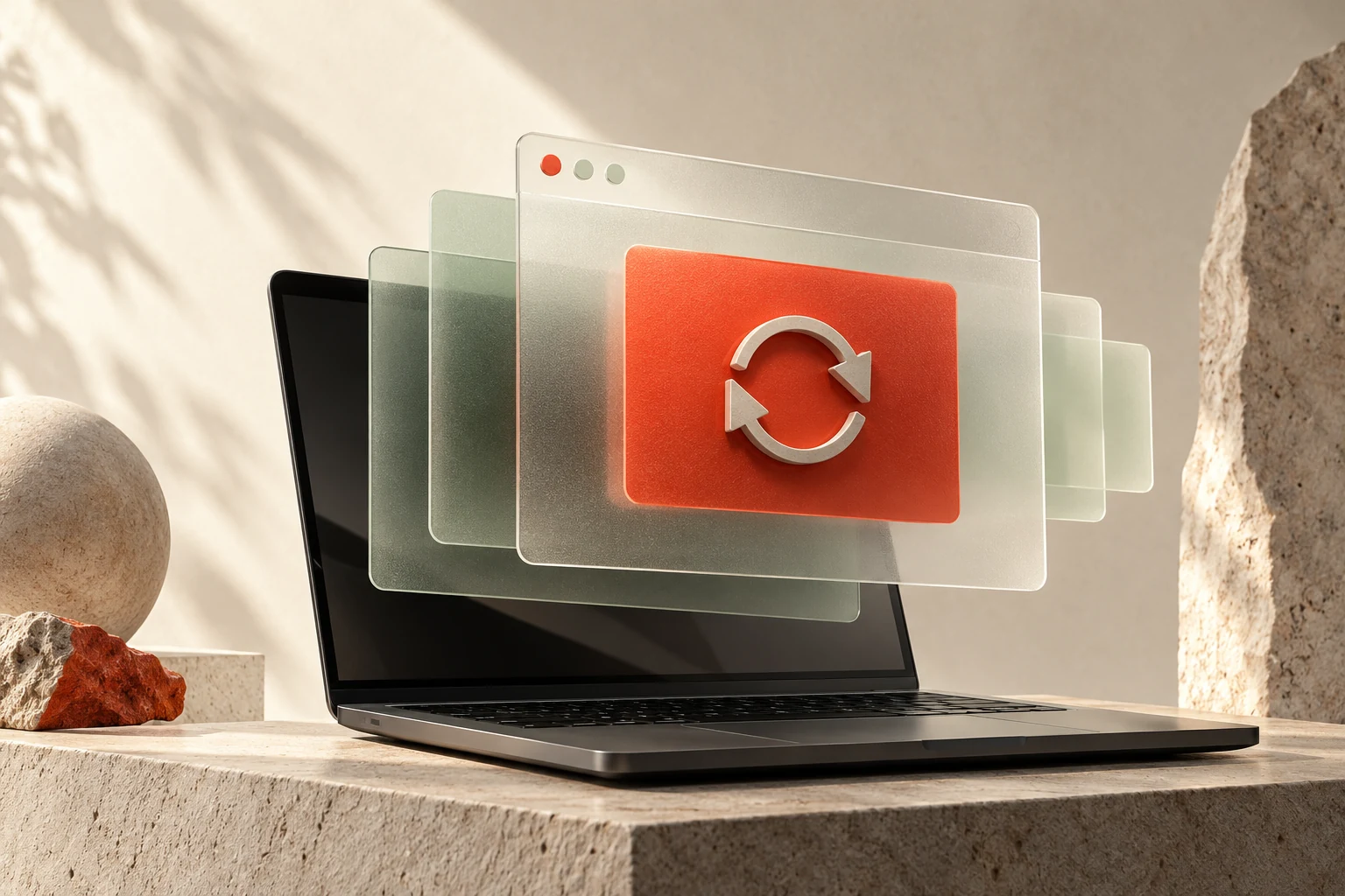 Glass browser windows and an update tile above a graphite laptop