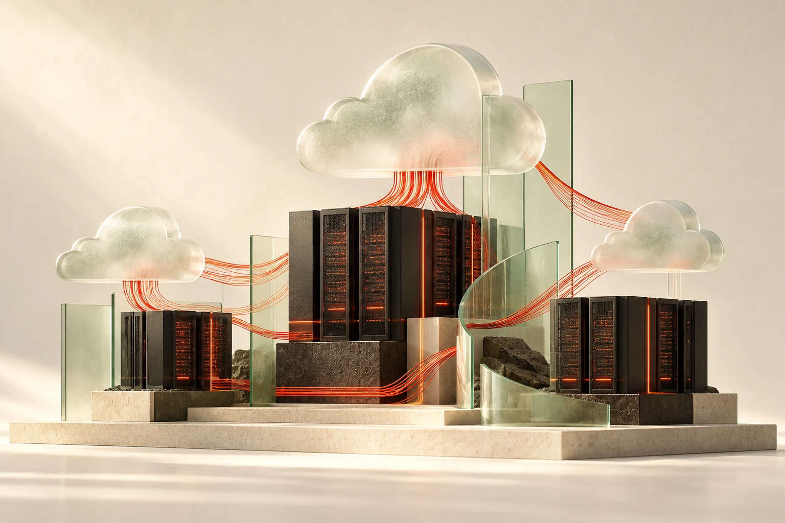 Modular server racks linked by red fibre paths and glass cloud forms