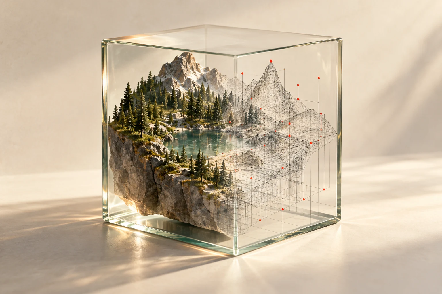 Miniature landscape in a glass cube blending natural terrain and digital geometry